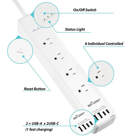 Smart Power Strip With 4 Individually Controlled Outlets And 4 USB Ports Including 20W USB C Fast Charging Surge Protector