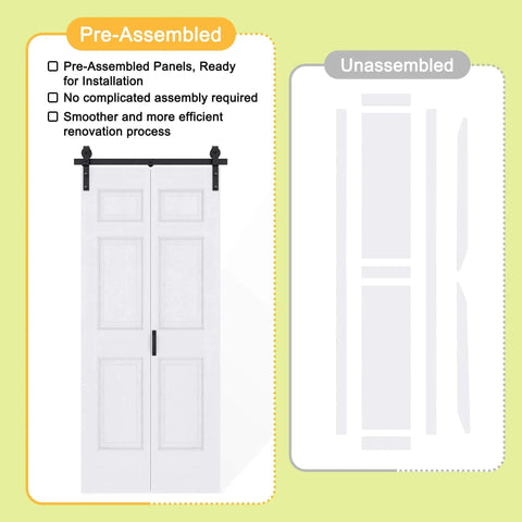 32x84 Inch Bi Fold Barn Door Set With Six Raised Panels, Paintable White Primed Finish, Pre Finished Barn Door With Hardware Kit Included