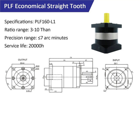 PLF Economical Straight Tooth gearbox with dimensions, 160mm size, 3-10 ratio, designed for industrial applications.
