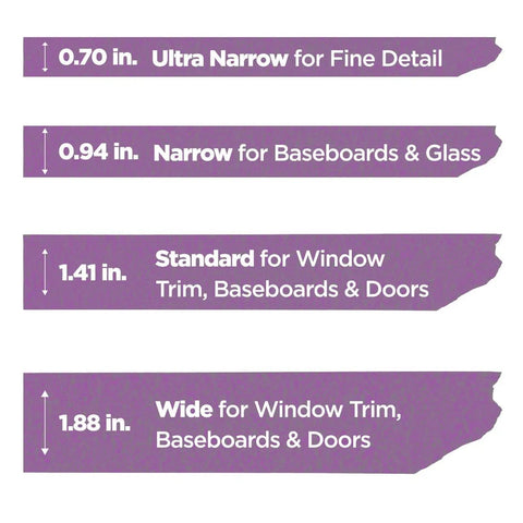 Four types of painter's tape widths; ultra narrow 0.70 in., narrow 0.94 in., standard 1.41 in., wide 1.88 in., for detailed projects.