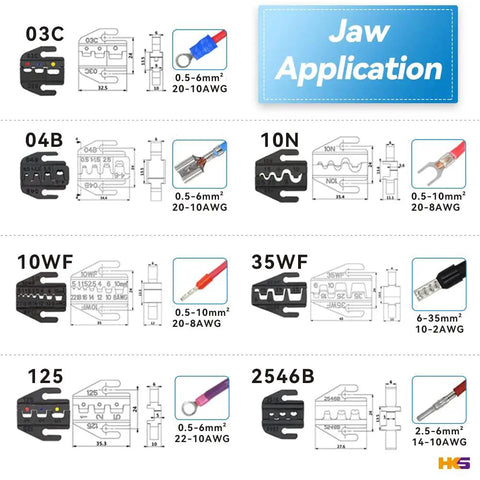 Diagram showing jaw specifications for Ratcheting Crimping Tool Set With 8 Quick Change Jaws For Heat Shrink Terminals, 20-2 AWG.