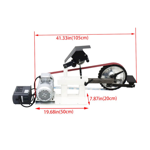 Heavy Duty Desktop Belt Sander With Smooth Stepless Speed Regulation And Three Badass Grinding Wheels Top Tier Bench Grinder For Woodshop Projects 1500W 110V dimensions displayed on a workbench.
