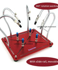 Helping Hands Soldering Stand With Four Gooseneck Arms And PCB Holder on red base with movable slide rail.