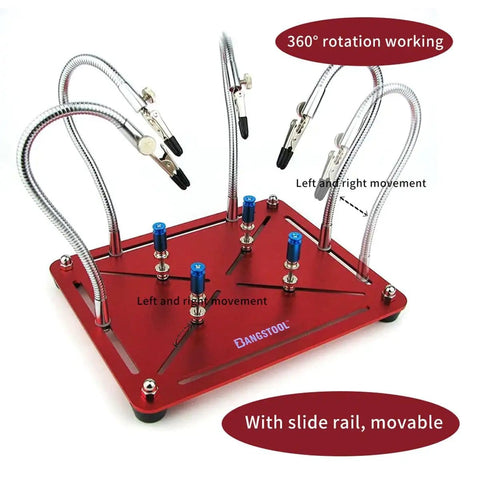 Helping Hands Soldering Stand With Four Gooseneck Arms And PCB Holder on red base with movable slide rail.