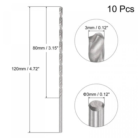 10 Pcs 3mm Mini Twist Drill Bits Set, Extra Long 120mm High Speed Steel Straight Shank Bits For Aluminum Alloy, diagram of bit dimensions