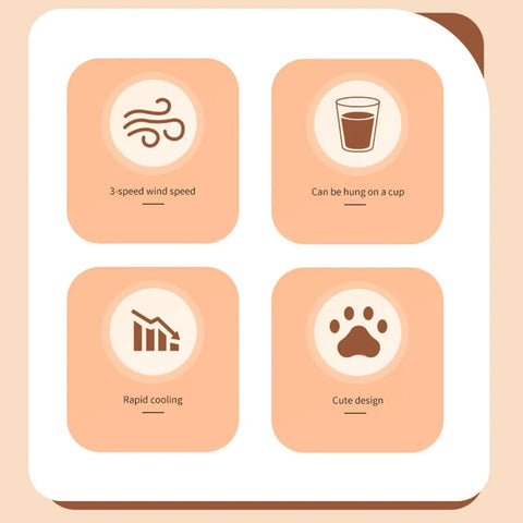 Rechargeable Usb Desktop Cooling Fan For Mugs And Bottles With Adjustable Speed Settings, showing features: 3-speed settings, hangable, rapid cooling.