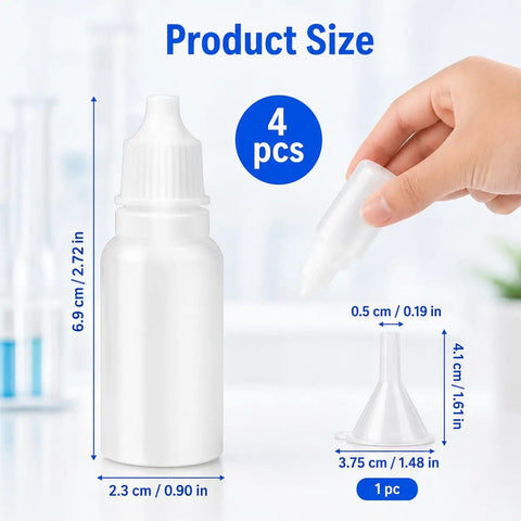 No Sweat Refills With This Five Piece Pack Featuring Four White 15ml Plastic Dropper Bottles Plus One Quick Pour Funnel Designed For Smooth Eye Drops And Portable Travel Ready Storage