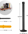 Heavy Duty Black Iron Pipe Shelf Brackets 6 Pack 13 Point 7 Inch Vintage Wall Mount DIY Shelving For Rustic Home Decor And Quick Space Saving Storage Great For DIY Projects And Small Spaces with dimensions and components shown.