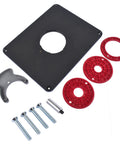 Top Shelf Precision Router Table Insert Plate With Level Loc Rings For Undrilled Woodworking Jigs featuring flat black plate and red rings.