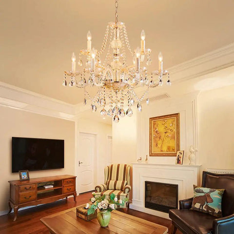 Nine Light Modern Crystal Glass Chandelier Pendant Ceiling Light Fixture With Glass Droplets, 28 Inch Wide 28 Inch High