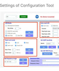 UHF RFID Reader configuration tool interface displaying settings for USB mode, auto read UID, card mode, and frequency range.