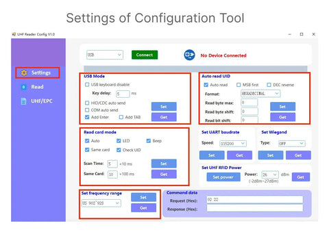 UHF RFID Reader configuration tool interface displaying settings for USB mode, auto read UID, card mode, and frequency range.