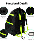 Waterproof Car Seat Travel Bag with Straps Wearable Design; black material with padded straps and luggage tag visible