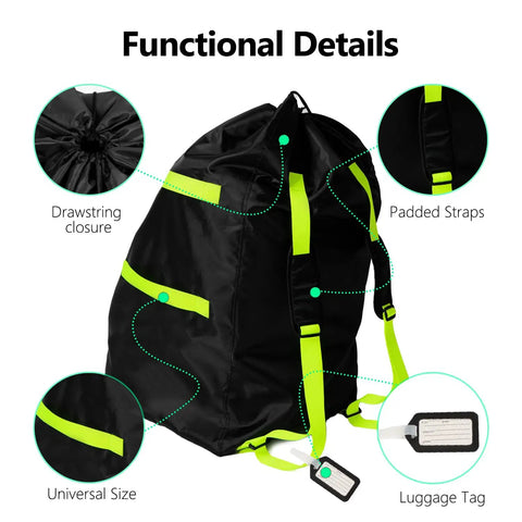 Waterproof Car Seat Travel Bag with Straps Wearable Design; black material with padded straps and luggage tag visible
