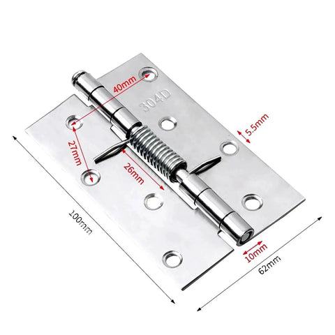 Two Piece Stainless Steel Spring Hinge Set For Cabinet Doors That Self Close And Keep It Quiet Folding Loose Leaf Wood Door Hinge With Flat Folding Design Heavy Duty Hardware For Home Or Commercial Use, dimensions displayed