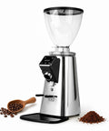 Full Bodied Flat Burr Coffee Grinder With 64Mm Stainless Steel Burrs And Wide Adjustment Range pulling smooth espresso drip and French press grounds fast featuring direct drive motor straight up magnetic catch chute and portafilter stand in classic silver