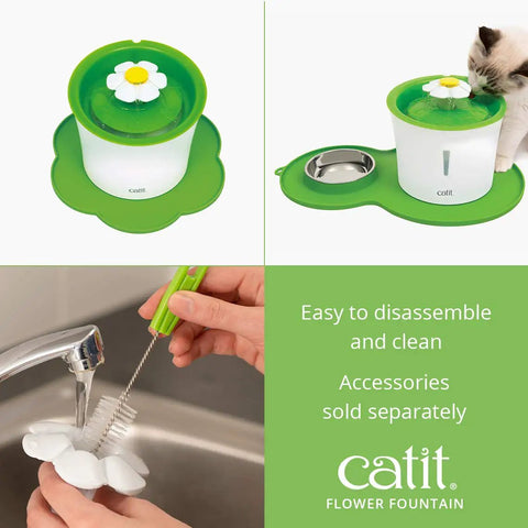 Flower Fountain With Triple Action Filter For Cats, 3 L Capacity Water Dispenser With 3 Flow Settings, Keeps Water Fresh And Oxygenated For Picky Drinkers, Green, shown in a home environment with a disassembly view