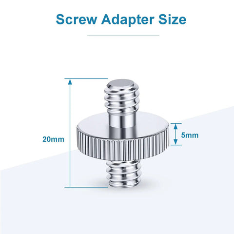 Screw adapter size illustration showing Heavy Duty 1/4 Inch Male To Male Tripod Screw Adapter 2 Pack Built Tough Aluminum Alloy.