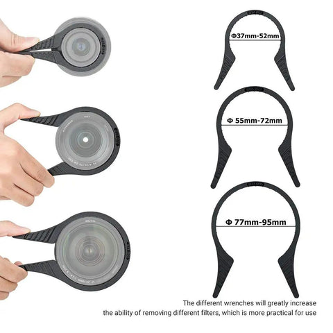 Three Pack Camera Lens Filter Wrench Kit With Easy Grip For Fast No Fuss Removal Of Jammed UV CPL ND Filters Fits 37mm To 52mm 55mm To 72mm 77mm To 95mm Thread Sizes Works With Canon Nikon Sony Fujifilm Olympus Panasonic And Other Cameras showing wrenches on lenses