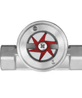 Front view of half inch NPT female flow indicator with window sight glass and impeller for water pipes, 304 stainless steel.