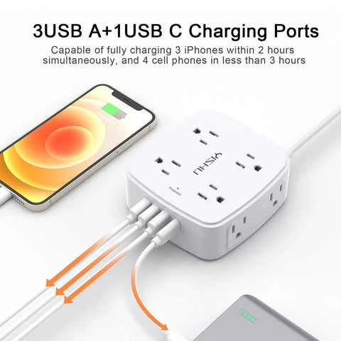 10 Foot Surge Protector Power Strip With 8 Wide AC Outlets And 4 USB Ports 3-Side Extender charging multiple devices