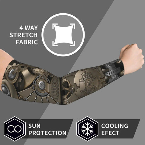 Steampunk Mechanical Gear Arm Sleeves Serve Up Top Shelf UV Sunblocking Shade And Cooling Compression For Weekend Warriors Hunting Chill Vibes On Road Trips And Patios, stretch fabric design.