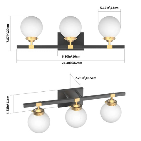 Mid Century Modern Bathroom Vanity Light Fixture Set With Three Lights Milky White Glass Shades Black And Gold Finish dimensions