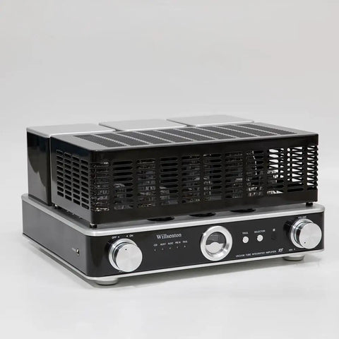 Quad KT88 Tube Amplifier HiFi Integrated Amp with Headphone Output, silver finish, front angle view with knobs and grille.