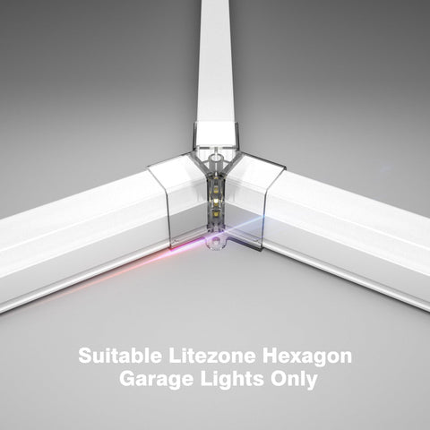 2 Pack Hexagon LED Light Y Connectors for Garage Lights, 120 Degree Y Adapters, clear plastic, installed view