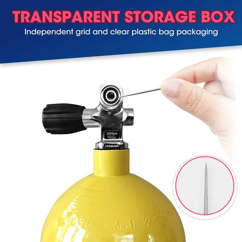 Hand using stainless steel pick from Scuba O Ring Kit 170 Pcs FKM90 with tank valve for precise removal and replacement.
