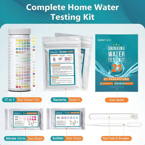 All In One Drinking Water Test Kit For Home Use Test Tap Water Well Water And Filtered Water For 21 Indicators Including Lead Hardness Copper Nitrate And Nitrite For Quick No Fuss At Home Results, showing test strips, bacteria tests, and user guide.