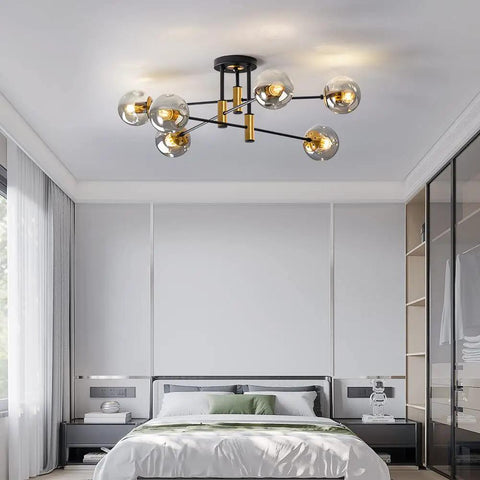 Bedroom featuring Six Light Sputnik Glass Globe Chandelier In Black And Gold Modern Mid Century Pendant Light for Dining Room Living Room Kitchen Bedroom Small Farmhouse Ceiling Fixture Dope Vibe.