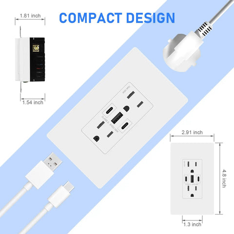 GaN 30W 6A 3 Port USB Wall Outlet With 2 USB C And 1 USB A Port, Fast Charger design with dimensions shown, UL Listed
