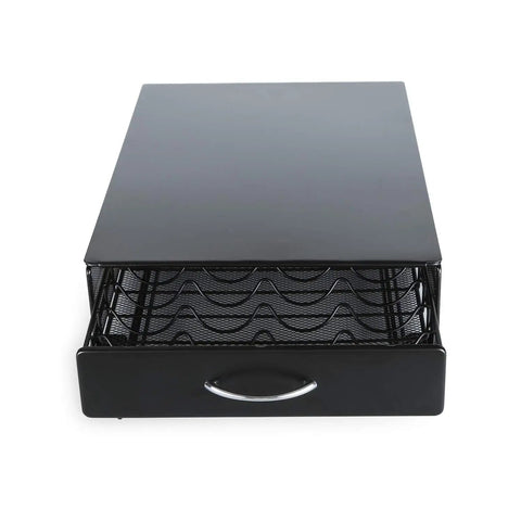 Front view of a Vertuo Capsule Storage Drawer For VertuoLine Pods Metal Organizer Holds 40 Capsules Stackable Space Saver With Smooth Gliding Drawer
