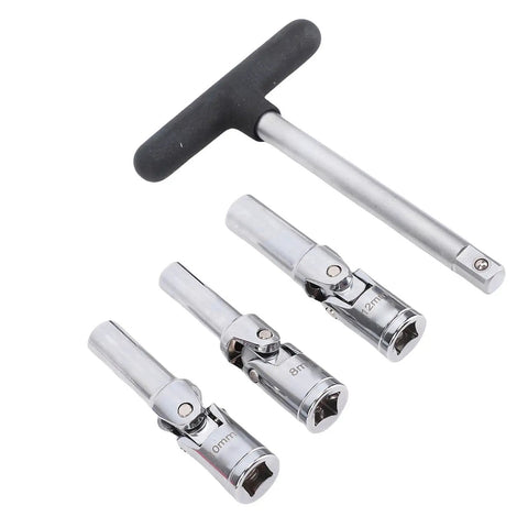 Glow Plug Socket Set Eight Millimeter Ten Millimeter Twelve Millimeter With Three Eighths Inch Drive T Bar Handle And Universal Joint