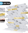 10-Sheet Peel And Stick Backsplash Tile Set For Kitchen Bathroom Laundry Room White Slate Look With Gold Studded Accents