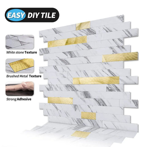 10-Sheet Peel And Stick Backsplash Tile Set For Kitchen Bathroom Laundry Room White Slate Look With Gold Studded Accents