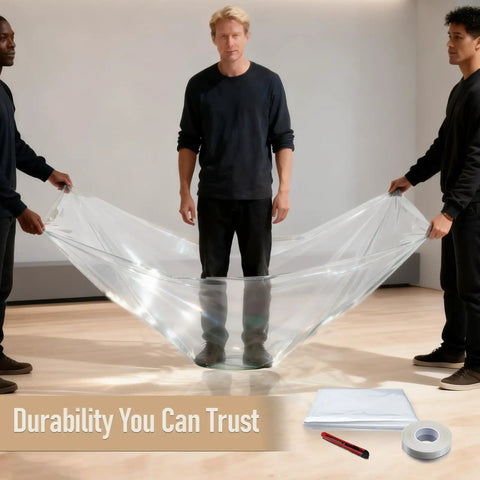 Easy DIY Window Insulation Kit For Winter With Plastic Shrink Film And Strong Tape demo with three people holding the film.