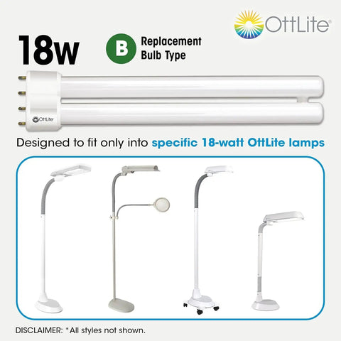 18W Daylight CFL Replacement Tube Bulb Type B for Bright True-To-Life Colors pictured with compatible OttLite lamps