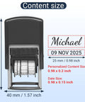 Custom Self Inking Date Stamp For Business Personalized Signature Seal with size details and rubber design displayed.