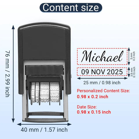 Custom Self Inking Date Stamp For Business Personalized Signature Seal with size details and rubber design displayed.