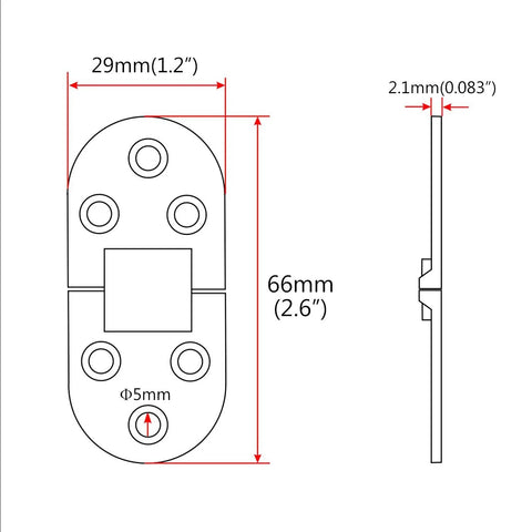 Pair of marine-grade 316 stainless steel door hinges, mirror polished, 66mm x 29mm, 2.1mm thick