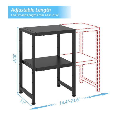 Expandable 2 Tier Metal Storage Shelves With 150 Lbs Capacity, adjustable length 14.4-23.6 inches, shown in black metal
