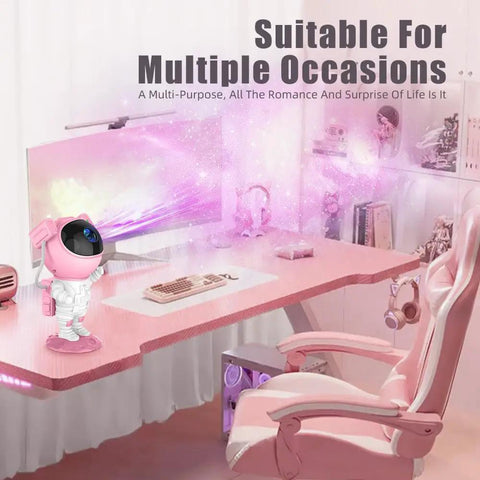 Astronaut Galaxy Projector Night Light With Timer And Remote Pink And White projecting nebula in pink-themed room setup