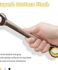 Hand holding One And One Eighth Inch SAE Open End Ratcheting Wrench Built Tough With Industrial Grade Gear Spanner