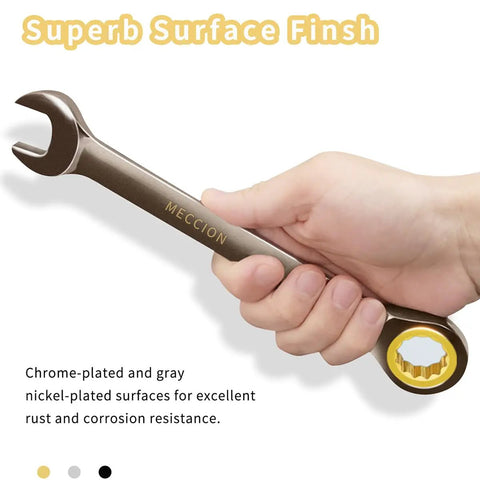 Hand holding One And One Eighth Inch SAE Open End Ratcheting Wrench Built Tough With Industrial Grade Gear Spanner