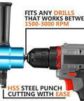 Double Head Sheet Nibbler Metal Cutter attached to a drill for 14 gauge steel cutting, highlighting RPM range and HSS steel punch.