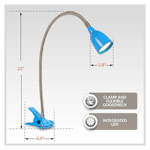 Blue Olivia Dimmable Clamp Desk Lamp With Adjustable Color Temperature, 22-inch height, shown with flexible gooseneck and clamp base.