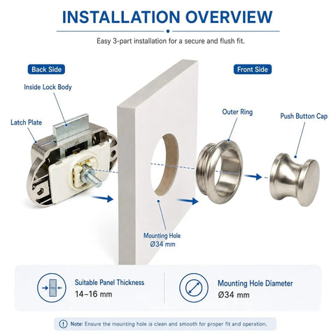 Installation overview of Premium Zinc Alloy Push Button Cabinet Latches for RV Cupboard, showing components and mounting details.