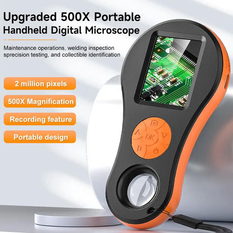 Handheld Digital Microscope With 2-In IPS Color Screen Portable Macro Magnifier For Curious Kids Built-In 8 LED Lights USB Compatible With PC And Mac Stores 200 Photos SD Expandable Fixed And Ultra Macro Focus, orange handheld view